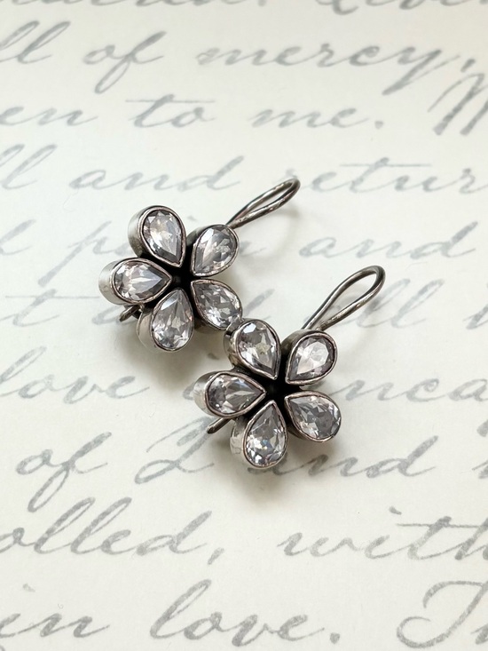 Handmade Jewelry - Clear Zircon Floral Drop Earrings in Sterling Silver